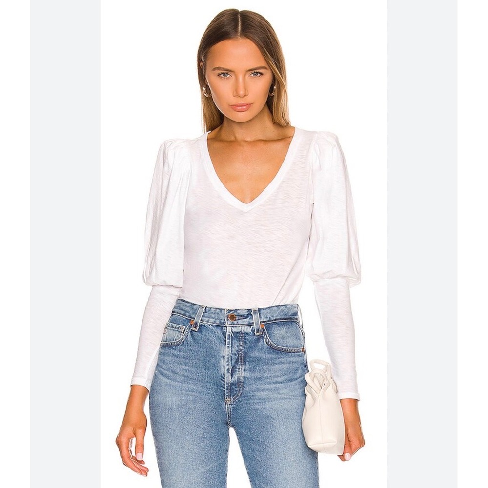 Nation LTD Emilia Drama Sleeve White Pima Cotton Puff Sleeve V-Neck Top Size M